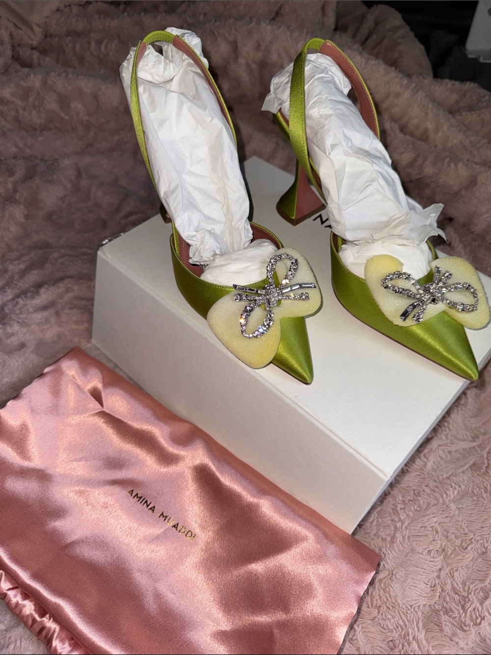 Amina Muaddi Lime Green Satin Crystal Bow Slingback begum cloth mules - Picture 9 of 12